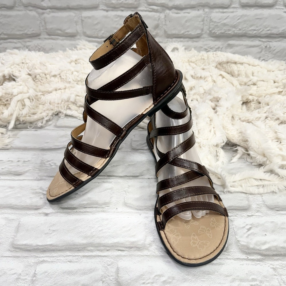 B.O.C. Brown Vegan Leather Open Toe  Sandals Ankle Strap Zip Back Woman's Sz 11